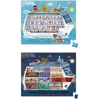 Janod J02726 Puzzlekoffer Kreuzfahrt Tag & Nacht Doppelpuzzle 200 Und 100 Teile, Mehrfarbig