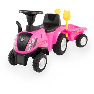 Rutschauto Traktor New Holland ab 1 Jahr | Kinderauto mit Anhänger | Rutschfahrzeug mit Schaufel und Rechen | Kinderfahrzeug in pink | Rutscher mit Soundtasten und Licht | Lizenziertes Kinderspielzeug