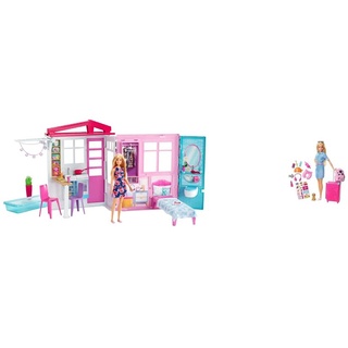 Barbie GWY84 - Ferienhaus mit Puppe, Möbeln und Pool, ca. 46 cm hoch, ab 3 Jahren & FWV25 Travel Puppe (blond) mit Hündchen, aufklappbarem Koffer, Stickern und Accessoires, ab 3 Jahren