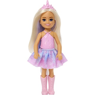 Barbie Dreamtopia Chelsea Einhorn kleine Puppe mit abnehmbarem Schwanz, Horn-Stirnband-Zubehör und Lavendelhaar, biegt sich an der Taille