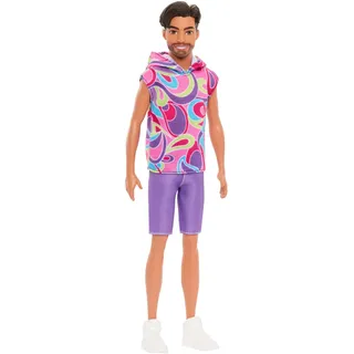 Barbie Fashionistas Ken-Puppe Nr. 227 mit Outfit, das an den Totally Hair Look erinnert, brünette Modepuppe mit kurzem Bart und schlankem Körperbau, Sammelfigur zum 65. Jubiläum, HRH26