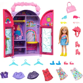 Barbie Chelsea Puppe und Kleiderschrank-Spielset mit Kleidung und Accessoires, 17-teiliges Set, faltbar zum Spielen für unterwegs und zum Verstauen, HXN03