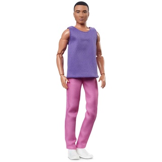 Barbie Ken Puppe, Looks, schwarzes Haar, Colorblock-Outfit, lilafarbenes Mesh-Top mit pinkfarbener Hose, Stylen und Posieren, Fashion-Sammelfiguren, HJW84