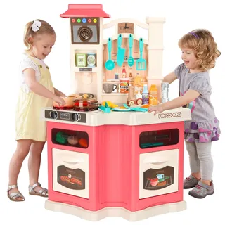 Kinderküche Spielküche mit 44 PCS Zubehör, Pretend Spiel Lebensmittel Spielzeug, Spielküche mit Wasserfunktion, Kochen Herd mit Dampf, Innen/Außen Rosa Küche für Kinder Mädchen Alter 3 4 5 6 7 8