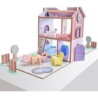 KidKraft Play & Store Cottage Puppenhaus aus Holz mit Möbeln und Zubehör für Mini Puppe, Spielset für Minipuppen, Spielzeug für Kinder ab 3 Jahre, 20510