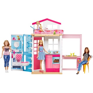 Barbie DVV48-2-Etagen Ferienhaus und Puppe, zusammenklappbar, mit Tragegriff, mehrere Spielbereiche, enthaltene Möbel & themenbezogene Aufkleber + Zubehörteile, Puppenhaus, Spielzeug ab 3 Jahren