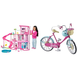 BARBIE - Traumvilla, Poolparty Puppenhaus mit mehr als 75 Teilen und Rutsche über 3 Etagen & Fahrrad, mit Blumenkorb, bewegliche Räder, rosa