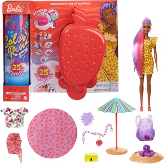 Barbie GTN18 - Color Reveal Foam Reveal Strawberry, Schaumspaß! Puppe & Tier, 25 Überraschungen: Seifenblasenlösung, Mode, Haarverlängerung, Zubehör, Armband, Geschenk für Kinder ab 3 Jahren