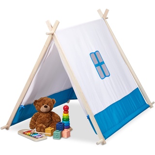 Relaxdays Spielzelt für Kinder, flach, mit Fenster & Tür, HBT: 92 x 86 x 120 cm, Wigwam Kinderzelt, Indoor, blau/weiß