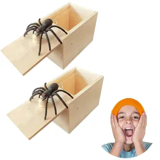 GUTERTOP 2PCS Spinne In Box, Gummispinne Streich-Box Holz, Scherzartikel für Halloween Streich, Spider Scare Box für Kinder Erwachsene Party Favors