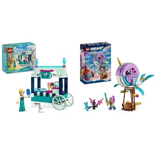 LEGO Disney Frozen Elsas Eisstand, Eiscreme-Spielzeug für Kinder mit Prinzessin ELSA-Puppe & DREAMZzz Izzies Narwal-Heißluftballon, Meerestiere-Spielzeug