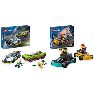 LEGO City Verfolgungsjagd mit Polizeiauto und Muscle Car, Auto-Spielezug mit 2 Rennautos & City Go-Karts mit Rennfahrern, Set mit 2 Rennfahrer-Minifiguren und Rennautos