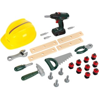 Theo Klein 8417 Bosch Handwerker-Set, 37-teilig I Kinder-Akkuschrauber mit Licht & Sound I Werkzeug und Werkbank- Zubehör wie Hammer, Säge, Bauarbeiter-Helm u.v.m. I Spielzeug für Kinder ab 3 Jahren