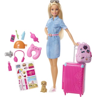 Barbie-Puppe Barbie Dream House Adventures, Reise-Barbie mit blonden Haaren, rosa Koffer, Rucksack, Nackenkissen, Welpe, Barbie-Zubehör, Geschenke für Kinder ab 3 Jahren,FWV25