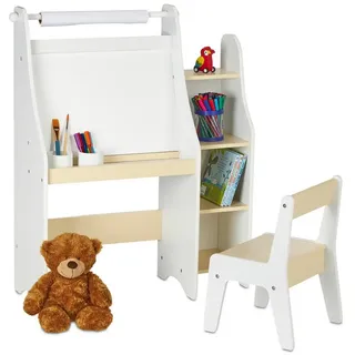 relaxdays Standtafel Kindertafel mit Fächern und Stuhl beige|weiß