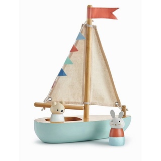 Tender Leaf Toys Spielzeug-Boot Segelboot mit Figuren Holzspielzeug gelb