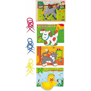 Woodyland Lernspielzeug 90920 Fädelspielset mit 4 Tierfiguren und 12 farbigen Kordeln