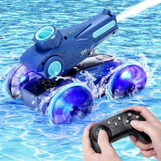 Luckits Amphibious Fernbedienungsauto Amphibious Stunt Fahrzeug Radio kontrolliertes Auto mit Sprühwasser/Licht 360 ° wasserdichte Fernbedienungssteuer Wasserkanonen für Kid Boy Girl in Rasenlandpool