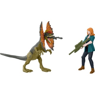 Jurassic World Dominion Claire und Dilophosaurus Mensch und Dino Pack mit 2 Actionfiguren und Zubehör, Spielzeug-Geschenkset und Sammlerstück