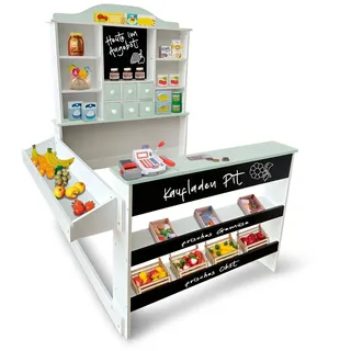 Coemo Kaufladen Pit aus Holz mit Spielkasse Linus und Preisschildern | Kaufladen-Zubehör für Kinder: Rollenspiel und Lernspaß | Farbe:Grün