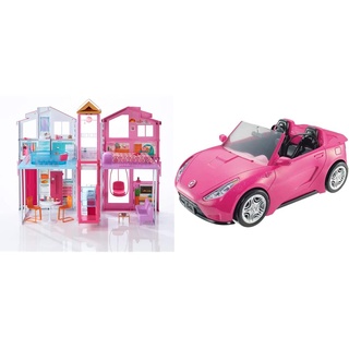Barbie DLY32 - Stadthaus mit 3 Etagen, zusammenklappbar, viele Zubehörteile, ab 3 Jahren & DVX59 - Cabrio Fahrzeug, in pink, mit Platz für 2 Puppen, Puppen Zubehör, Spielzeug ab 3 Jahren