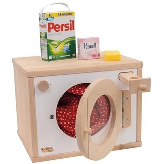 Holzspielzeug Peitz Weiße Kinder-Waschmaschine aus Holz | Mit Waschtrommel, Knöpfen & Waschpulverfach