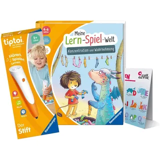 tiptoi Ravensburger Set: Meine Lern-Spiel-Welt: Konzentration und Wahrnehmung + 00110 Stift + ABC-Poster, Lernspielzeug für Kinder