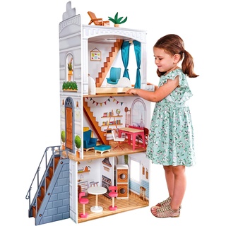 KidKraft Rowan Puppenhaus aus Holz mit Möbeln und Zubehör, Spielset im Stil eines Kanalhauses mit Dachterrasse, für 30 cm Puppen, Spielzeug für Kinder ab 3 Jahre, 10238