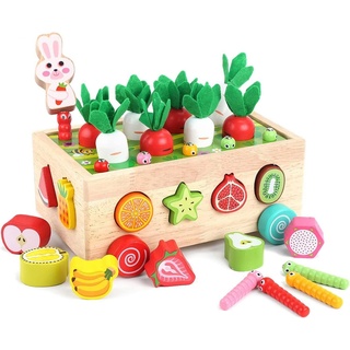 SOTOR Lernspielzeug Montessori Spielzeug ab 1 Jahr, Holzspielzeug für Kinder (7-in-1 Karottenernte Motorikspielzeug Farmspiel aus Holz), Kinderspielzeug Lernspielzeug Geschenk für Mädchen Jungen