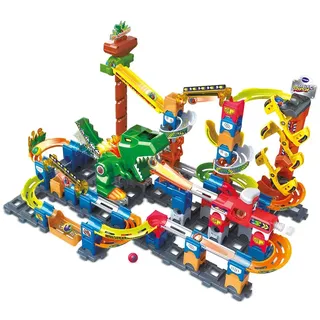 VTech - Marble Rush, Elektronische Kugelbahn Dino Adventure Magnetic Set XL400E, Bauspiel, magnetisch, Dinosaurier, 100 Stück, 10 Kugeln, Geschenk für Kinder ab 4 Jahren – Inhalt in Französisch