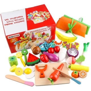 Jacootoys Küchenspielzeug 24 Teile Holz Spielzeug Lebensmittel Obst Gemüse Ebensmittel Küche Kinder Pädagogisches Lernen Set mit magnetischer Verbindung