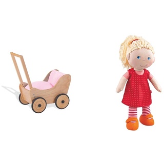 Pinolino Puppenwagen Sarah, aus Holz, mit Bremssystem, für Kinder von 1 – 6 Jahren, Natur & HABA 302108 - Puppe Annelie, Stoffpuppe mit Kleidung und Haaren, 30 cm, Spielzeug ab 18 Monaten
