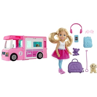 Barbie GHL93 - 3-in-1 Super Abenteuer-Camper, ca. 91 cm & Chelsea Serie, Chelsea Puppe mit Hund, Leine, Rucksack, Kopfhörer, Sonnenbrille