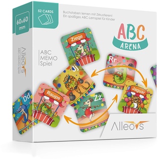 ALLEOVS® ABC-Arena – Buchstaben-Memo-Spiel mit Zirkus-Tieren, Lernspiel für 1 – 6 Kinder ab 4 Jahren, 52 Karten zum Alphabet Lernen