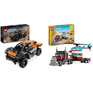LEGO Technic NEOM McLaren Extreme E Race Car Set, Auto-Spielzeug mit Rückziehmotor & Creator 3in1 Tieflader mit Hubschrauber, Fahrzeuge-Set mit Helikopter- und LKW-Spielzeug