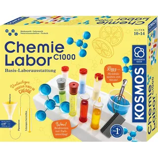 KOSMOS 645540 C1000 Chemielabor, Basis-Laborausstattung mit Schutzbrille und 7 Chemikalien, Chemie für Kinder ab 10-14 Jahren, Grundlagen-Lehrgang, Experimentierkasten zu Mint