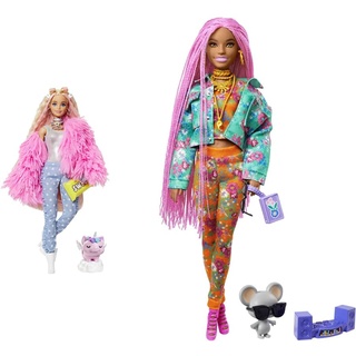 Barbie GRN28 - Extra Puppe, Flauschiger Pinker Mantel mit Einhorn-Schweinchen, extra-Lange wellige Haare & GXF09 - Extra Puppe, Pinke Flechtzöpfe, in Floral bedruckter Jacke & Hose, DJ Haustier-Maus
