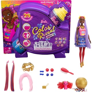 Barbie HBG40 - Color Reveal Bows Haarwechsel Puppe, Glitzerblau Spielset mit 25 Überraschungen rund um Haarstyling und Party, Spielzeug ab 3 Jahren