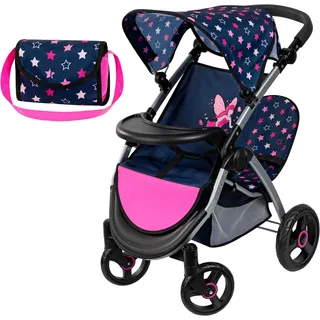 Puppen-Zwillingsbuggy BAYER "Twin Star, blau/pink" Puppenwagen blau (blau, pink) Kinder mit Wickeltasche