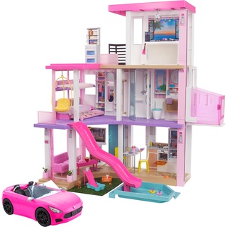 Barbie GRG93 - Traumvilla, dreistöckiges Puppenhaus (114 cm) mit Pool, Rutsche, Aufzug, ab 3 Jahren & HBT92 - Cabrio-Fahrzeug, pink mit rollenden Rädern und realistischen Details, ab 3 Jahren