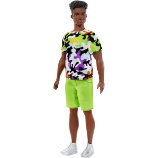 MATTEL HBV23 Barbie Ken Fashionistas Puppe, athletisch, schwarzes lockiges Haar, buntes Shirt