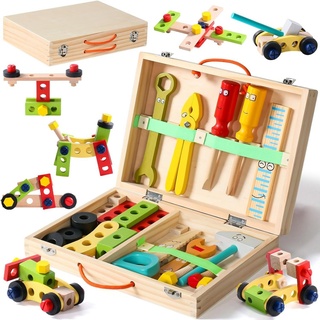 XDeer Spielwerkzeug Werkzeugkoffer Kinder,Holzspielzeug Werkbank Montessori Spielzeug, Kinderwerkzeug Lernspielzeug Werkzeug Koffer Kinder Geschenk bunt