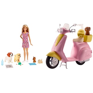 Barbie FXH08 - Hundesitterin Puppe und Welpen inkl. 4 Haustieren und Zubehör, Puppen Spielzeug und Puppenzubehör ab 3 Jahren [Exklusiv bei Amazon] & DVX56 FRP56 Motorroller, pink