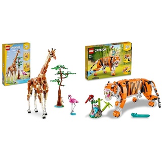 LEGO Creator 3in1 Tiersafari, Kreativ-Set mit Tierfiguren, Spielzeug-Giraffe & Creator Majestätischer Tiger, Panda oder Fisch, 3-in-1 Tierfiguren-Set