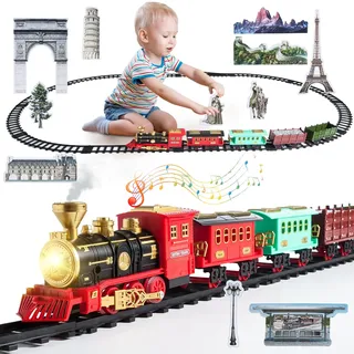 Elektrischer Zug Spielzeug, Spielzeugeisenbahn Set mit Rauch, Licht und Sound, 4 Wagen,Eisenbahn Kinder Elektrisch mit Dampflokomotive, Weihnachtszug Sets für unter Dem Baum