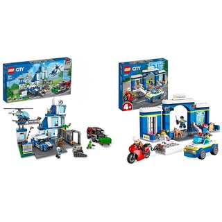LEGO City Polizeistation mit Polizeiauto, Müllauto und Hubschrauber & City Ausbruch aus der Polizeistation Spielset, Polizeiauto Spielzeug und Motorrad