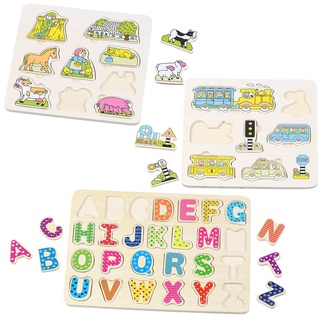 Playtastic Kinderspiele: 3er-Set Bunte Kinder-Puzzles aus Holz: Buchstaben, Bauernhof & Verkehr (Spielzeuge, Motorik-Spielzeug Holz, Mitbringsel)