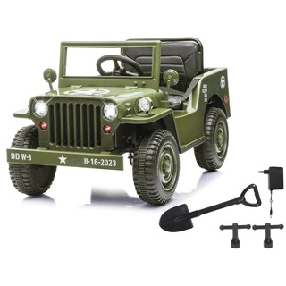 JAMARA 461815 Ride-on Jeep Willys MB Army 12V-Softanlauf, Kofferraum, Schaufel abnehmbar, USB-Anschluss, Bluetooth, Elektroauto, grün, Groß