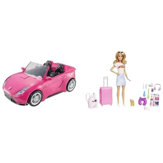 Barbie-Puppe und Auto, Auto in glänzendem Pink, Cabrio-Auto & Malibu - Koffer, Rucksack, Hündchen und mehr als 10 Accessoires