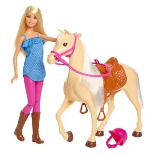 Barbie Puppe Pferd und Puppe, ab 3 Jahre, mit Zaumzeug und Sattel, 30 cm